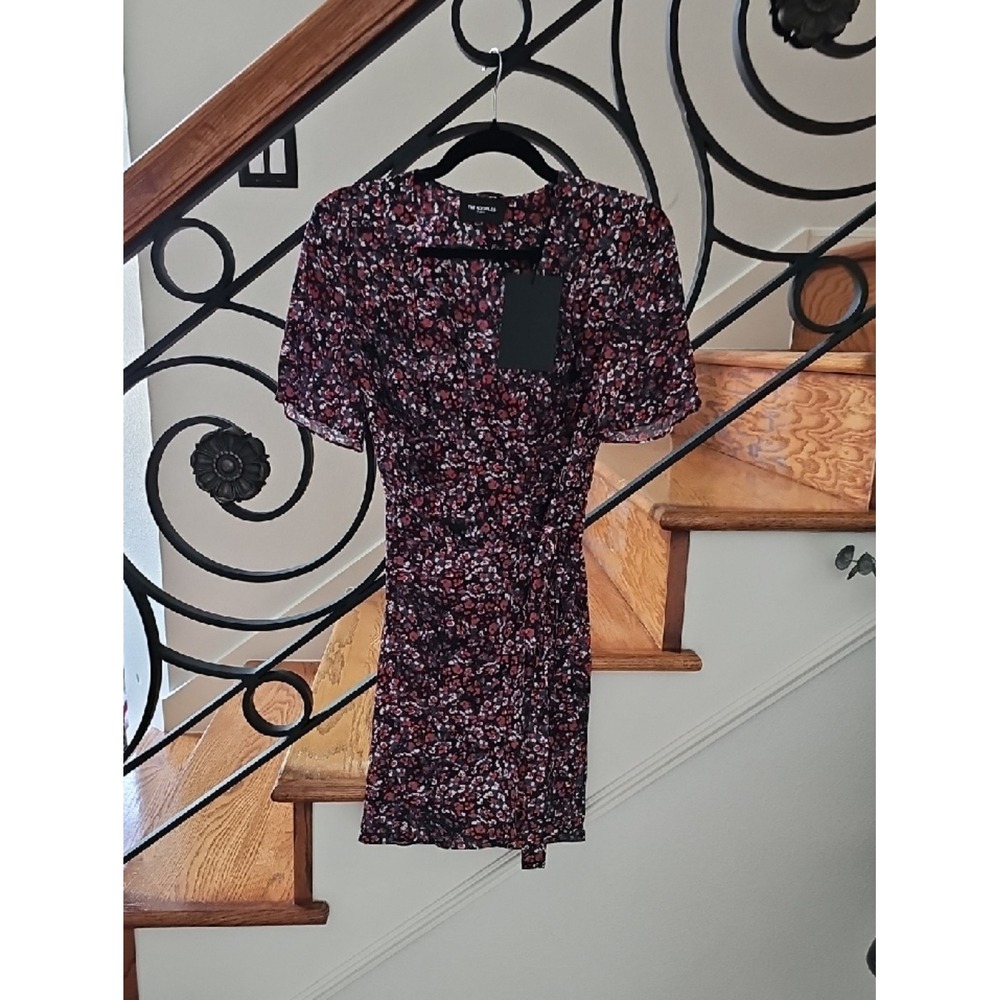 The Kooples Flowers Dot Wrap Mini Dress Red Black Floral FR 1 US Small NWT